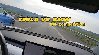 Tesla Model 3 Performance vs BMW M4 competition on German autobahn [upl. by Fredenburg]