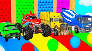 Funny Cars and Monster Truck vs Slide Color with Giant Domino  Cars vs Deep Water  BeamNGdrive [upl. by Anem51]