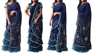 Designer 3 Layer Frill or Ruffled Saree At HomeConvert Your Old Saree In to Ruffled Saree [upl. by Jemmy]