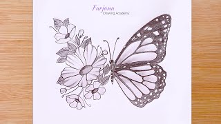 Creative Art  How to draw a combination of butterflies and flowers  Step by step Pencil Sketch [upl. by Marcelia]