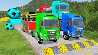 Double Flatbed Trailer Truck vs Speedbumps Train vs Cars  Tractor vs Train BeamngDrive 058 [upl. by Ihcego533]