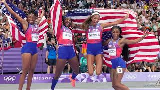 WATCH ShaCarri Richardson and Team USA womens 4x100m relay take the gold at Paris Olympics [upl. by Ardnikat795]