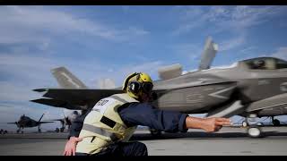 VMFA211 performs cross deck ops between HMS Queen Elizabeth and USS America [upl. by Dorisa]