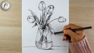 how to draw Flowers Vase  drawing  dibujo de flores  still life drawing  رسم  رسم مزهرية الزهور [upl. by Ahiel]