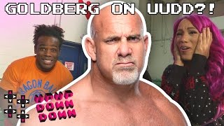 GOLDBERG drops in during a CrunchyRoll unboxing w Sasha Neville amp Creed — UpUpDownDown Unboxing [upl. by Naig]