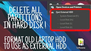 FormatDelete all Partitions of Laptop hard disk to use as External HDD [upl. by Qifahs]