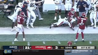 Arkansas DB delivers huge hit out of bounds and gets ejected for targeting vs Auburn [upl. by Mohun]