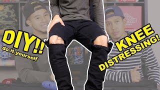 DIY TUTORIAL DISTRESSED DENIM JEANS EASY KNEE DISTRESSING HOW TO [upl. by Emmett292]