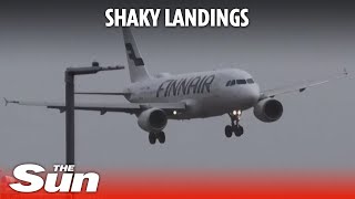 Shaky landings at UK Heathrow airport as Storm Isha unleashes 85mph winds [upl. by Urd804]