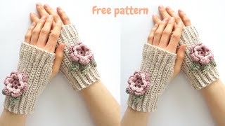 SO EASY Cute Crochet Fingerless GlovesHow to make crochet fingerless gloves Flower gloves [upl. by Yetah]