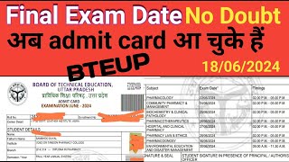 BTEUP Final Exam date 2024  D Pharma final exam date [upl. by Ornstead]