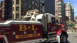 GIANT VULCAN V100 50 TON WRECKER TOWING MEGABUS ON AMSTERDAM AVE ON WEST SIDE MANHATTAN NYC [upl. by Adnuahsor]