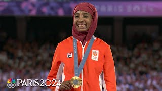 Sifan Hassan takes in medal ceremony after winning women’s marathon gold  Paris Olympics [upl. by Lekkim]