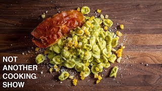 CORN PESTO PASTA WITH PROSCIUTTO CRISP  FARMERS MARKET MEALS [upl. by Anialed]