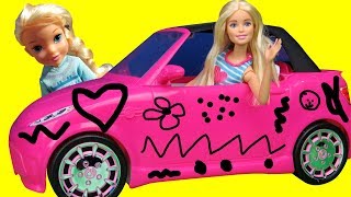 Elsa and Anna toddlers DRAW on Barbies NEW Car Does Barbie allow them They draw cute things [upl. by Keegan]