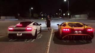 Lamborghini Aventador SV vs Supercharged Gallardo LP570 Superleggera Epic midnight street race [upl. by Aklim254]