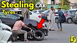 Stealing Car Tyres Prank  Funny Reactions  LahoriFied Pranks [upl. by Draneb984]