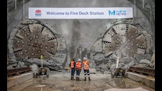 Doublebreakthrough tunnel boring machines TBMs emerge at Five Dock Metro Station site [upl. by Earley750]