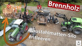 Brennholz BaustahlmattenSilo mit Polypgreifer und Rückewagen entleeren  BMF14T2Pro  Fendt 511C [upl. by Naillil526]