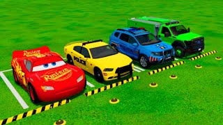 POLICE CARS MCQUEEN CAR AMBULANCE VEHICLES TRANSPORTING WITH TRUCKS  Farming simulator 22 [upl. by Bakki959]