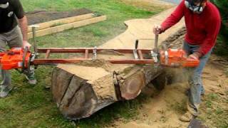 Slabcutting tree trunk for handcrafted furniture [upl. by Ecila]