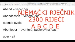 NJEMAČKI RJEČNIK 2300 RIJEČI PO ABECEDI 1 DIO SLOVA A  B  C  D  E [upl. by Ieppet635]