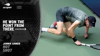 Jannik Sinner Wins UNBELIEVABLE Point After Falling Over  2024 US Open [upl. by Ynattib]