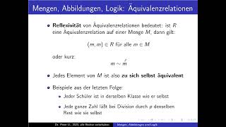 Mengen Abbildungen und Logik Folge 18 Eigenschaften von Äquivalenzrelationen [upl. by Oigimer295]