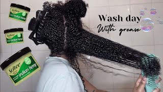 Wash day routine with grease softee Indian hemp 🚿💦 naturalhair [upl. by Lauraine175]