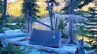 Lake Shore Hot Tent Camping In Snow  ASMR [upl. by Loughlin]