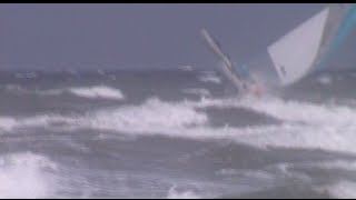 Sailing Hobie Tandem Island solo into surf with 25 knot onshore wind [upl. by Eggett]