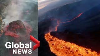 La Palma volcano Drone sweeps over sizzling lava stream huge molten boulder slides down side [upl. by Yalahs]