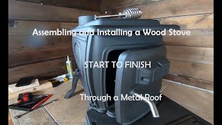 Wood Stove and Stove Pipe Installation Through A METAL ROOFTiny Log Cabin Build Part 21 [upl. by Schwitzer]