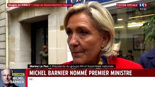 Nomination de Michel Barnier  la réaction de Marine Le Pen [upl. by Tsnre]