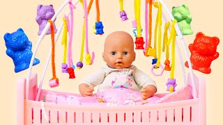 Baby Annabell doll doesnt want to sleep Hanging toys above the bed for baby dolls Kids videos [upl. by Socher210]