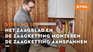 Het zaagblad en de zaagketting monteren amp de zaagketting aanspannen  STIHL MS 180 [upl. by Calia161]