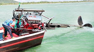 Starting Dangerous Massive V8 Diesel Truck Engine on a Tiny Boat [upl. by Nelleh]