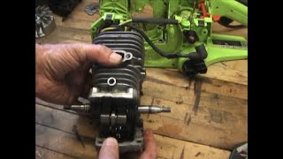 Chainsaw Rebuild Replace Piston Cylinder Low Compression Poulan 2150 Wont start [upl. by Aronaele]