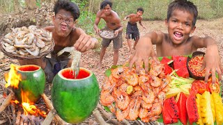 Wilderness Cooking How To Cook Shrimps In A Watermelon Jungle Feast [upl. by Nilak178]