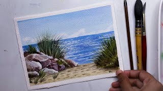 How To Paint Watercolor Seascape Painting with Warm Sand and Rocks [upl. by Runck438]