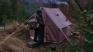 3 Days Winter Camping  Old school canvas wall tent bushcraft base camp snow blizzard wood stove [upl. by Zeralda]