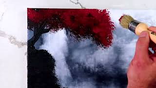 Waterfall Painting Tutorial Creating a Black and White Landscape with a Breathtaking Red Tree [upl. by Hermes]