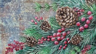 Pinecones and Berries Acrylic Painting LIVE Tutorial [upl. by Cooper]