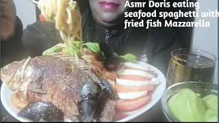 asmr Doris eating seafood spaghetti with fried fish delicious [upl. by Yorgo]