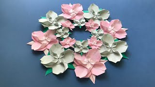 折り紙 ハナミズキの花のリース 折り方 Origami Flower Dogwood wreath tutorial（NiceNo1） [upl. by Ennair]