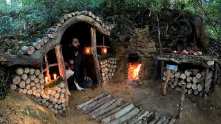 FANTASTIC FOREST HOUSE  7 Day Building a Survival Shelter with Fireplace Bushcraft Cooking Camping [upl. by Steffen]