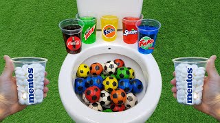 Football VS Mentos and Popular Sodas  Fanta Coca Cola Sprite Fruko and Mentos in the toilet [upl. by Neyu]