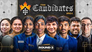 FIDE Candidates 2024  Round 3  Prag Vidit Gukesh Vaishali Humpy  Live Harshit Samay Amruta [upl. by Albric763]