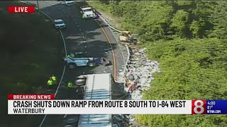 Tractortrailer crash shuts down Interstate 84 ramp in Waterbury [upl. by Rebor983]