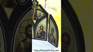 Triptych wooden icon Jesus Christ Archangels Nicholas Religious Prayer Christian Orthodox Catholic [upl. by Joni244]